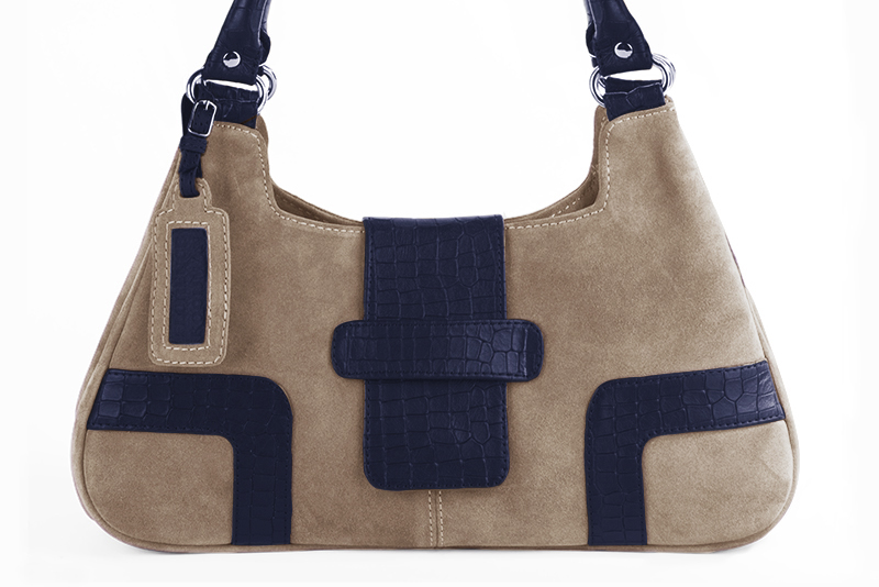Dress handbag in tan beige and navy blue leather - Profile view